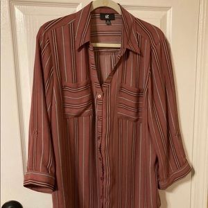 IZ Byer Mauve Black Striped Button Down Blouse